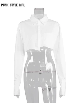 High Street Solidă Cultură Tricou Femei Butonul Tăiat Femei Tricou Alb Ciucure de Bumbac Top Scurt Kpop Moda OL Rever Guler Bluza Imagine 2