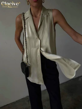 Clacive Moda Rever din Satin pentru Femei Camasi Vara Kaki Bluze fără Mâneci Streetwear Casusal Topuri Largi Haine de sex Feminin 2022 Imagine 2