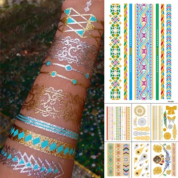 Impermeabil Tatuaj Temporar Autocolant Metal Aur Argint Albastru Mandala Brățară Bijuterii Flash Tatuaj Femei Henna Body Art Tatuaj Fals Imagine 2