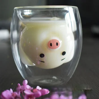 Nou Cadou Cana drăguț Drăguț Roșu Net Porc Piggy Piggy Dublu Anti-opărire GlassHigh Borosilicată cu strat Dublu rezistent la Căldură de Sticlă Ceașcă Imagine 2