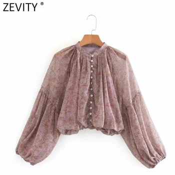 Zevity Femei o de gât nuci de caju print casual șifon bluza bluza doamnelor pliuri felinar camasa cu maneci femininas blusas topuri LS7213 Imagine 2