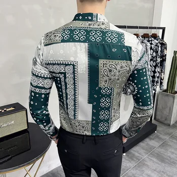 Stil Britanic De Moda Verde Imprimat Tricouri Barbati Retro Slim Fit Maneca Lunga Tricou Florale Streetwear Homme Sociale, Părți De Îmbrăcăminte Imagine 2