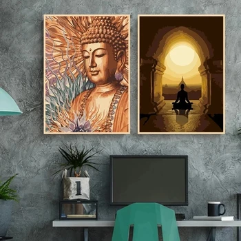 Meditație Statuie a lui Buddha și Lotus Panza Pictura Modernă Budist Decorative Religioase Postere pentru Camera de zi Decor Acasă Imagine 2