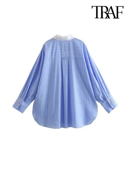 TRAF de Moda pentru Femei, Cu Elastic cu Dungi Supradimensionate Poplin Shirt Vintage Maneca Lunga Fata Buton de sex Feminin Bluze Topuri Chic Imagine 2