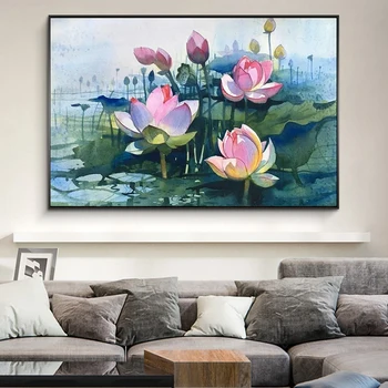 Acuarelă Lotus Panza Pictura Arta De Perete Flori De Vară Postere Si Printuri Pentru Living, Dormitor Modern, Decor Acasă Cuadros Imagine 2