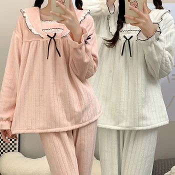 De Iarnă 2022 Dulce Princess Dantela Cu Maneci Lungi Groase Flanel Cald Pijama Seturi Pentru Femei Coreea Drăguț Arc Sleepwear Homewear Haine Imagine 2