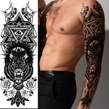 De Dimensiuni mari Tatuaje Braț Leu Craniu Trandafir rezistent la apa Complet Acoperă Brațul Tatuaj Temporar Autocolante pentru Bărbați Lup Sălbatic Tigru Tatuaje Imagine 2