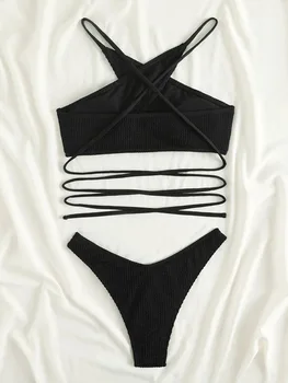 INGAGA Cross Wrap Set de Bikini Texturate Costume de baie Femei 2023 Nou record Taie Costume de baie Femei Costum de Baie Negru Crisscross Uzură Plajă Imagine 2
