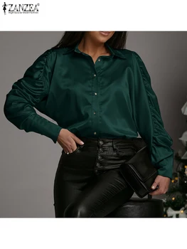 Eleganta pentru Femei Bluza din Satin Primăvară Rever mâneci Lungi Tricou 2022 ZANZEA Moda Butoane OL Munca Blusas Solid Top Tunica Casual Imagine 2