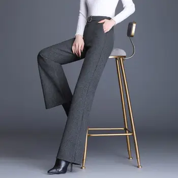 Pantaloni Flare Temperament Epocă Buzunare Paiete Mozaic Solid de Îmbrăcăminte pentru Femei Talie Elastic Doamnă Birou de Toamna Iarna Decora Imagine 2