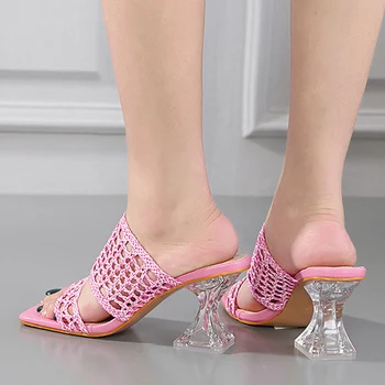 Liyke 2023 Noi Deget De La Picior Pătrat Ciudat Tocuri Transparente Plasă Papuci De Moda De Vara Aluneca Pe Slide-Uri De Femei Catâri Petrecere Pantofi Sandale Imagine 2