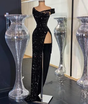 Lung Negru Sexy Rochii De Bal 2022 Asimetrice De Pe Umăr Mare Fantă Paiete Dubai Femei Formale De Petrecere, Rochii De Seară Imagine 2
