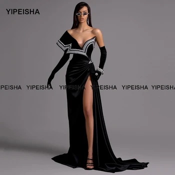 Yipeisha Asimetrice Velur Rochie de Bal Perle Fantă Mare Concurs de Rochie Sirena Catifea Neagra Rochie de Seara Halat de Petrecere Imagine 2