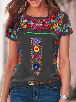 2022 Vara Femei de Moda Casual, O Gât T Cămașă Vintage Boho Etnice imprimeu Floral Maneca Scurta Vrac Top Femei T Shirt XS-8XL Imagine 2