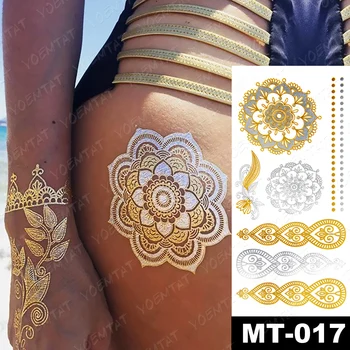 Impermeabil Tatuaj Temporar Autocolant Henna Mandala Aur, Argint Metalic Flash Tatuaj Boho Petrecere Bijuterii Sclipici Bratara Body Art Imagine 2