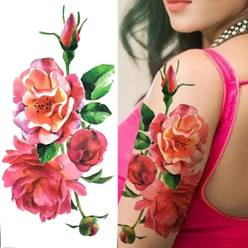 Sexy 3D Bujor Flori Tatuaje Temporare Pentru Femei Fete Dahlia Lotus Narcisa a Crescut Autocolant Tatuaj Fals Floare de Tatuaje Acuarelă Imagine 2