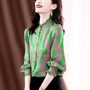 Elegant Ciufulit Gâtului Vintage Imprimate Primavara Toamna Supradimensionat Buton Satin Bluza de Moda Liber Naveta de Îmbrăcăminte pentru Femei Tricou Imagine 2