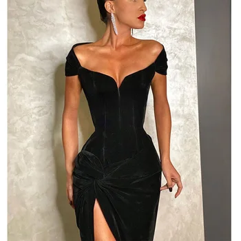 2022 Sexy Negru Rochie de Cocktail de Pe Umăr Sweethear Formale Petrecere de Bal Rochie de Catifea Partea de Fantă Mare vestido de gala Imagine 2