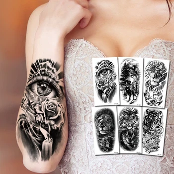 Autocolant Tatuaj Fals De Animale De Pădure Leu Tigru Bufnita Ochi Inchis Transfer De Apă Temporare Tatuaje Negre Pe Braț Maneca Bărbați Femei Body Art Imagine 2