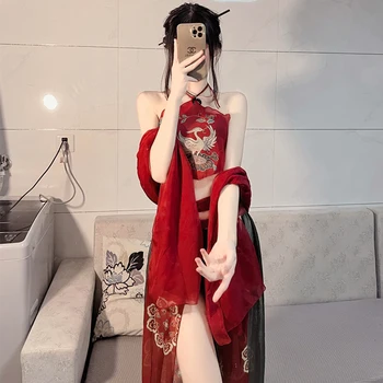 China Roșie Sexy Hanfu Șorț Femei Pură Dorință de Lenjerie Suspensor Fusta Uniformă de Cald Șal Tentația Pijamale Bandaj Fusta Set Imagine 2