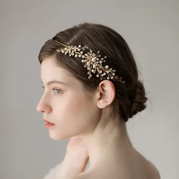 MYFEIVO de Aur Mireasa de Susținere Perla Floral Tiara Elegant Rochie de Mireasa Accesorii 42x6cm HQ1447 Imagine 2