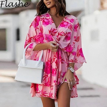 2022 Femei Maneci Scurte V Gât Rochie De Petrecere Boho Zburli Design Flower Print Dress Scurtă Femeile Elegante, Rochii De Plajă De Vacanță Imagine 2
