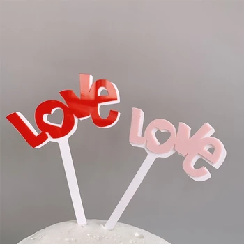 Lemn de Dragoste Ziua Îndrăgostiților CakeTopper Flori DIY Nunta Petrecere Toppers Tort de Valentine ' s Desert decor cadou de Aniversare Imagine 2