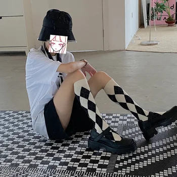 Fete Ține de Cald Stil Japonez Șosete până la Genunchi pentru Femei Sockings Model Romb Toamna Iarna Bumbac 1Pair Stil de Colegiu Imagine 2