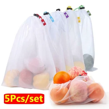5pcs Reutilizabile de Colorat Fructe Legume Saci Sac Net Produce Lavabil Saci de Plasă de Bucătărie Depozitare a Alimentelor Ambalare Sac Jucarii Diverse Imagine 2