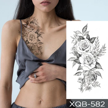 Impermeabil Tatuaj Temporar Linie Autocolant Frunze Crin Trandafir Bujor Floarea-Soarelui Henna Tatuaj Femei Bărbați Brațul Body Art Fals Maneci Tatuaje Imagine 2