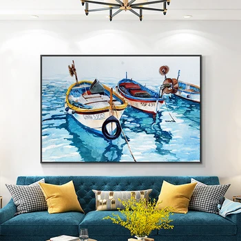 Barca Pe Marea Albastră Pictura in Ulei peisaj Marin Arta de Perete Panza Pictura Postere si Printuri Nordic Imagine Pentru Camera de zi Decor Acasă Imagine 2