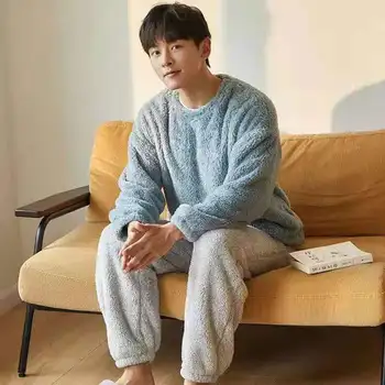 Bărbați Flanel Gros de Iarna Cald Pijama cu Maneca Lunga Coral Catifea Sleepwear Costum de Pijama Lounge Homewear Haine de Acasă Imagine 2