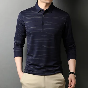 Designer High End Nou Brand De Moda Tricou Polo Barbati Negru Cu Dungi Simplu Coreean Casual Cu Maneca Lunga Topuri Haine Barbati 2021 Imagine 2