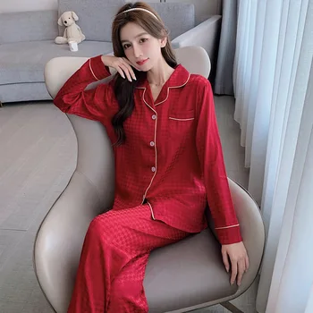 Gheață Pijamale de Mătase pentru Femei de Moda cu Maneci Lungi Pantaloni Două Bucata Set Femei de Lux Casual Pierde Rever Sexy Homewear Set Plus Dimensiune 5XL Imagine 2