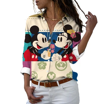 2022 Disney Marcă Slim Fit 3D Imprimate Femei pe Buton Rever Maneca Lunga Mickey Minnie Casual Harajuku Drăguț Tricou y2k Imagine 2