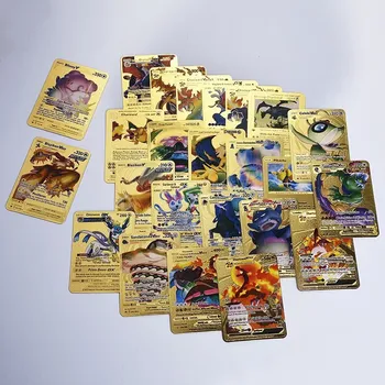 55PCS Carduri Pokemon Metal Moale engleză franceză germană spaniolă Pikachu Aur, Argint Negru Alfabet Jocuri de cărți de Colectie Jucarii Imagine 2