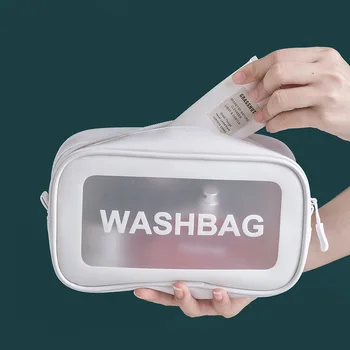 TPU Transparent Make-Up Bag Moda Contractat Capacitate Mare de Stocare de Călătorie articole de Toaletă Cosmetice Washbag Cu Mâner rezistent la apa Imagine 2
