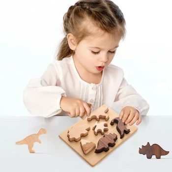 De lemn Dinozaur Blocuri de Potrivire Formă de Jucărie pentru Copii Lumea Jurassic Dinozaur Jucarie Montessori Puzzle Educativ Imagine 2