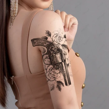Pistol negru de Viță de vie Model de Tatuaje Autocolant pentru Barbati Femei Brațul Picioare Arta Impermeabil Tatuaje Temporare False a Crescut de Flori, Frunze Tatuaje Imagine 2