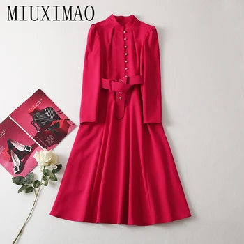 MIUXIMAO 2022 Înaltă Calitate Toamnă&Iarnă Rochie Eleganta cu Maneci Lungi rochie roșie Solid Centura de Moda Genunchi-Lungime Rochie Femei Vestide
