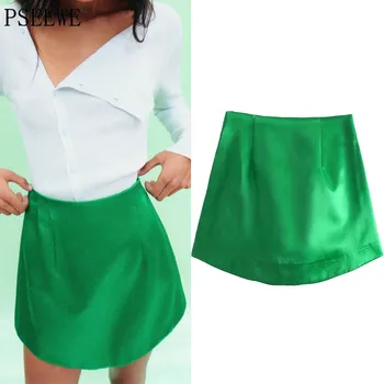 PSEEWE Vara Femei Fusta 2021 Verde de Satin, Fuste Scurte Cu Talie Înaltă Elegant Mini Femeie Fuste de Moda Slim Vintage Fusta