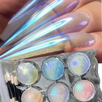 Aurora Oglindă Unghii Sclipici Pulbere Kit 6Jar Transparent Praf Scufundare Laser cu Efect de Oglindă Chrome Irizate de Decorare Arta de Unghii*