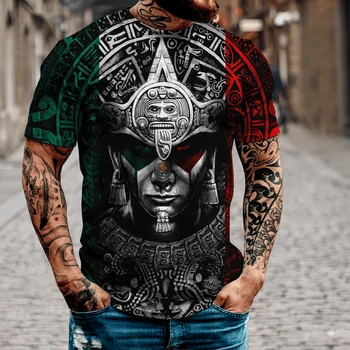 2022 Moda Streetwear T-shirt pentru Bărbați cu mânecă Scurtă Topuri Largi Aztec Mexic Tatuaj de Imprimare 3d Slim Rotund Gât Tricou