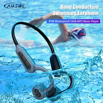 AIKSWE Conducție Osoasă Înot Căști 16GB Waterproof IPX8 Bluetooth fără Fir Intraauricular Muzica MP3 Player Sport Curea Reglabilă
