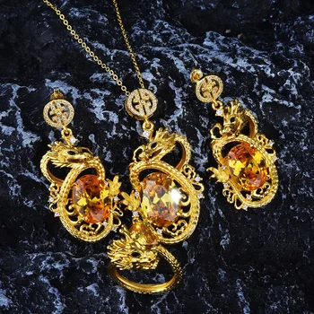 Foydjew De Epocă De Lux Dragon Chinezesc Banchet De Aur Seturi De Bijuterii Artificiale Yellow Diamond Pandantiv Coliere Inele Cercei