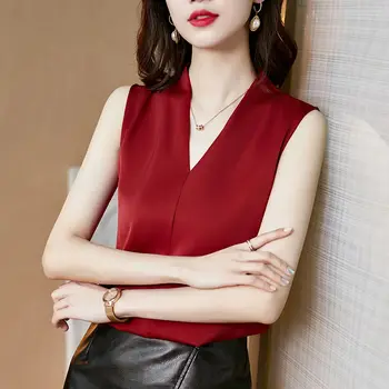 Elegant V-Neck Culoare Solidă Îmbinate Fără Mâneci Supradimensionate Satin Cămașă Pierde Casual, Office Lady Topuri De Moda Femeie Bluze 2022