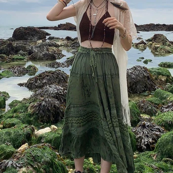 Y2k Tipărite Verde Fuste Midi Retro Kawaii Dantelă Sus Fuste Plisate Lungi Grunge Fairycore Boho Vacanță pe Plajă Fusta Femei Chic Imagine 2