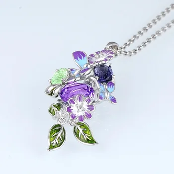 Rafinat două fluture floare de email design frunze femei pandantiv colier elegant mireasa, bijuterii de nunta Imagine 2