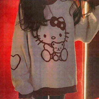 Kawaii Sanrio Hello Kitty Colegiul Pulover Fata Elevilor Purta Drăguț desen Animat de Echipajul Gât Femei Jacheta Tricotata În Toamna și Iarna Imagine 2