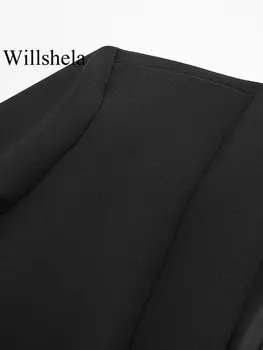 Willshela De Moda Pentru Femei Din Satin Negru, Cu Pene Blazer Jacheta Vintage Dintata Gât Singur Buton Mâneci Lungi Femei Haine Imagine 2
